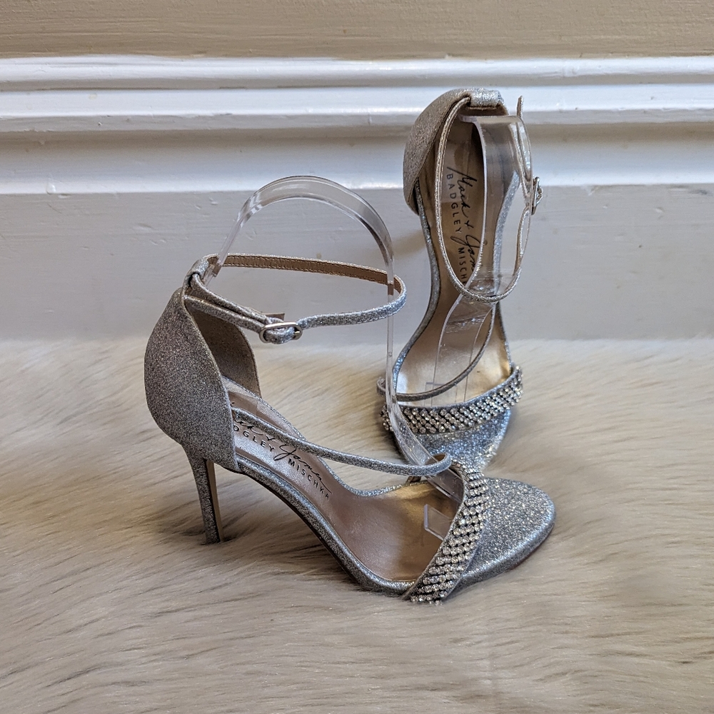 Badgley Michka Mark & James silver glitter & rhinestone high heel sandals 6.5